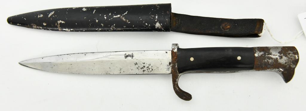 German Third Reich Dress Bayonet W/ Sheath: Up Next We Have a Nazi Marked German Third Reich Dress Bayonet With Sheath, German ‘Parade’ or ‘Walking Out' bayonet in scabbard. Nickel plated hilt with ‘Birds head’ pommel, with working ba