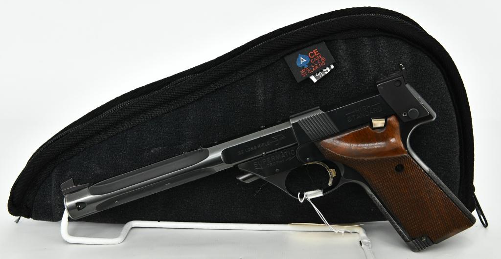 High Standard Supermatic Trophy .22 LR Pistol: Up for auction is a Nice High Standard Model 107 Military Supermatic Trophy .22 LR Pistol, with gold tone trigger, Target Wood Grips, fluted barrel that measures approx 7 1/4" in length, Drilled and T