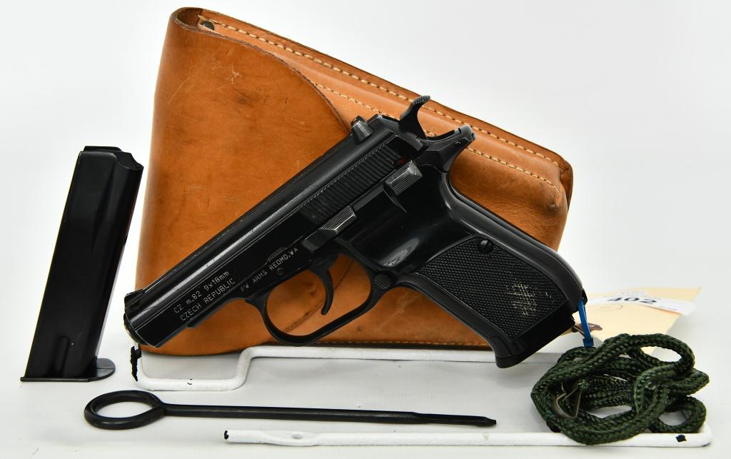 Czech CZ 82 9x18 Makarov Semi Auto Pistol: Up next is a Czech CZ 82 Semi Auto Pistol Chambered in 9x18 Makarov. Typical Czech high quality steel construction, Comes With Two 12 Round Magazines, Leather Holster, and Cleaning Tools. cock and loc