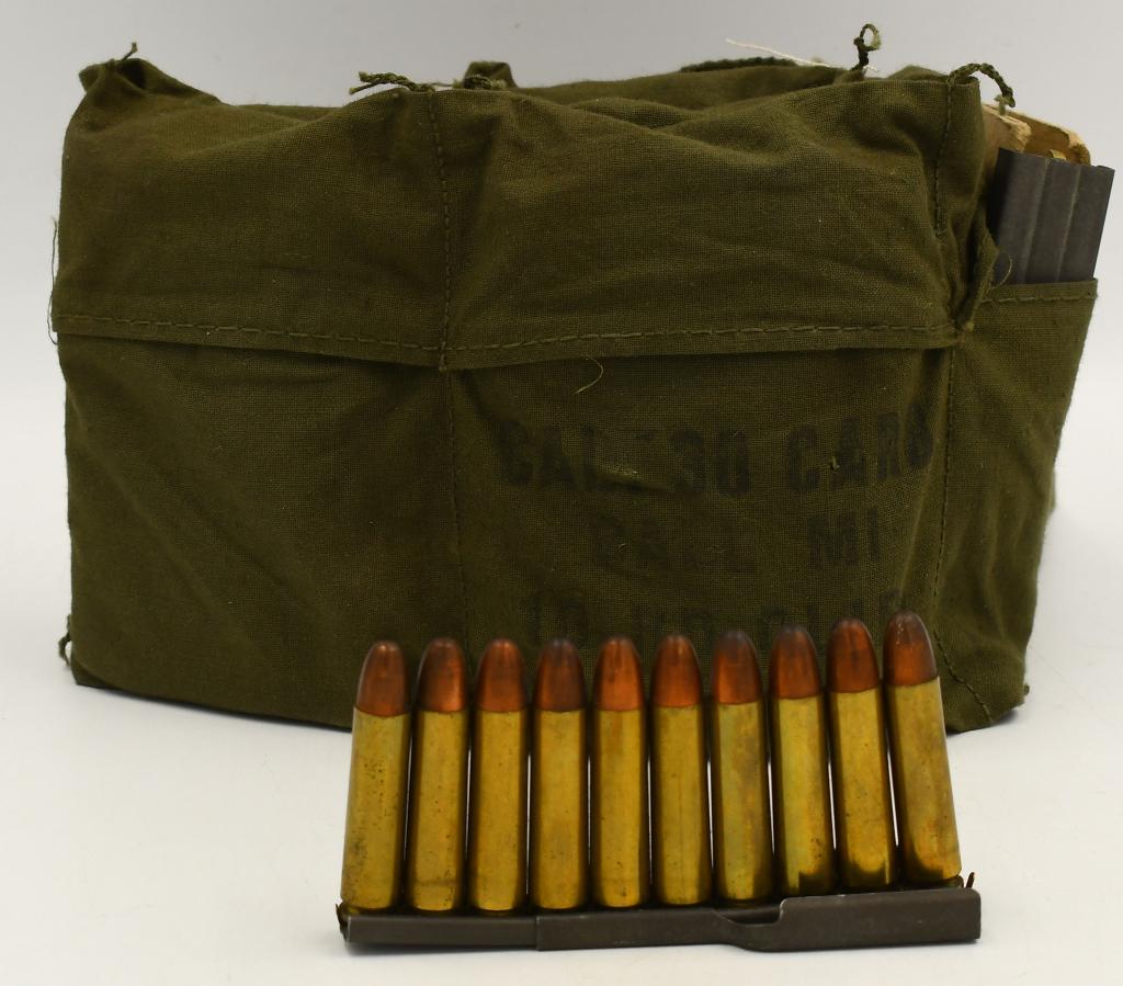 120 Round Bandolier Of .30 Carb Ammo On Clips: 120 Round Bandolier Of .30 Carbine Ammunition On Stripper Clips, Brass Cased Round Nose Ammunition 12 Stripper Clips Total
