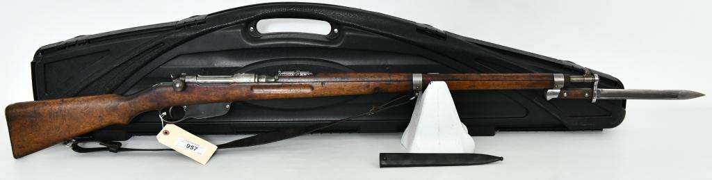 Steyr Mannlicher M1895 Straight Pull Rifle: Up Next We Have a Steyr Mannlicher M1895 Straight Pull Rifle, Comes With a Bayonet With Sheath, and Leather Sling, and Comes in a Padded Hardcase. Originally they were chambered for the round-nosed 8X