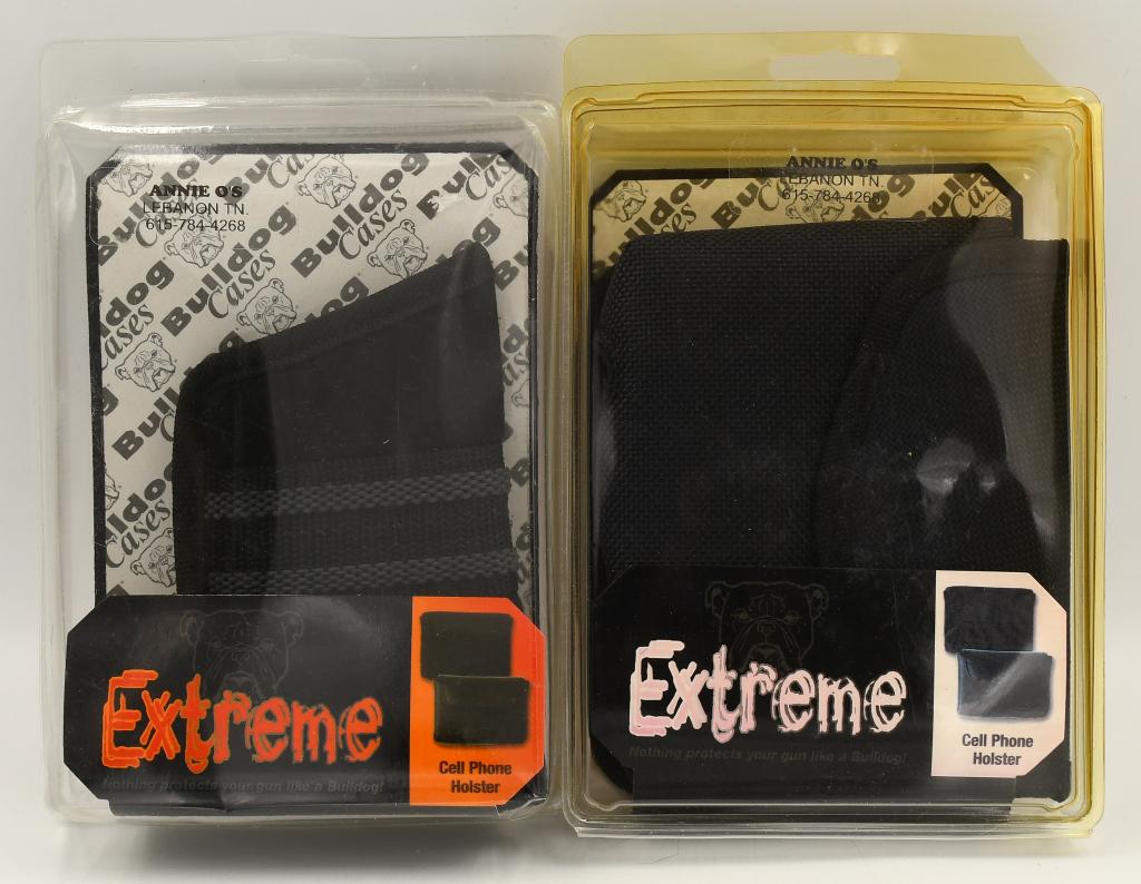 2 NIP Bulldog Extreme Cell Phone Holsters: 2 NIP Bulldog Extreme Cell Phone Holsters Bulldog Cases Black Nylon Ambidextrous Cell Phone Holster .380 Autos Belt Loop and Clip. Specifications & Features: Bulldog Cases ambidextrous cell phone hols