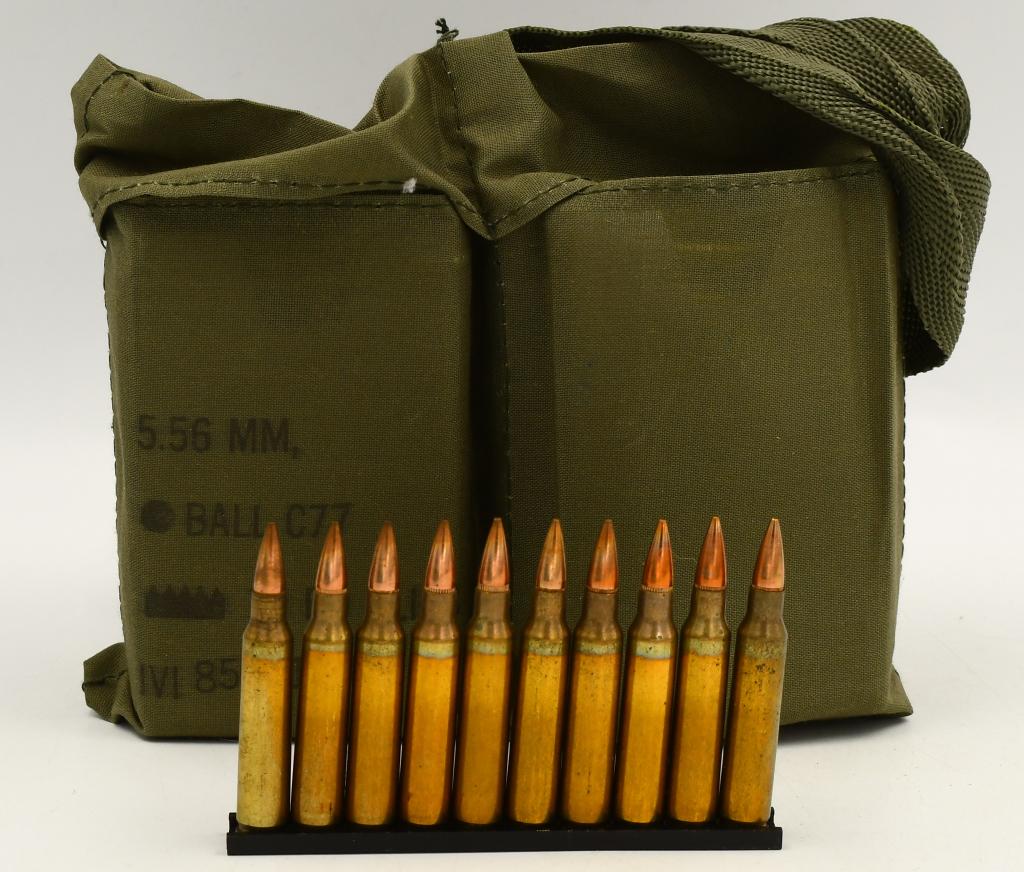 100 Round Bandolier Of 5.56mm Ammunition: 100 Round Bandolier Of 5.56mm Ammunition, Brass Cased Full Metal Jacket Ammunition On Stripper Clips , With Military Green Bandolier
