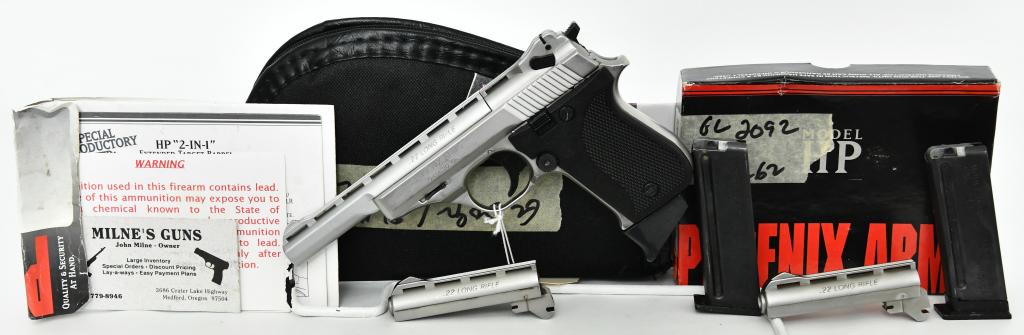 Phoenix Arms Model HP22 Pistol .22 LR: Up for auction is a Phoenix Arms Model HP22 Pistol Chambered in .22 LR , And Comes with Three Barrels, Two are 3", and Installed With a 5" Barrel, Three factory magazines, in The Factory Box with Pape