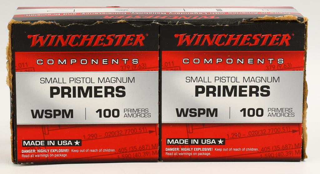 1000 Ct Winchester Small Pistol Magnum Primers: 1000 Ct Winchester Small Pistol Magnum Primers Box of 1000 (10 Trays of 100) These non-corrosive, all weather primers deliver fast, dependable ignition under any shooting condition. Primers are consta