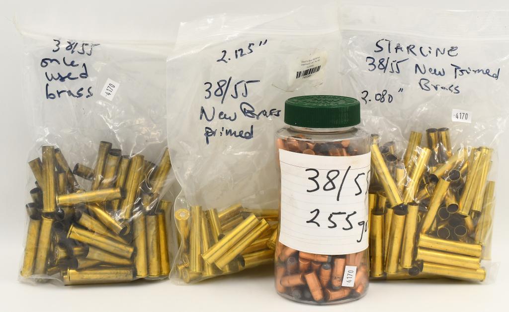 Approx 3 Lbs Of .38-55 Empty Brass & Bullet Tips: Approx 3 Lbs Of .38-55 Empty Brass & Bullet Tips. Some Are New & Primed Empty Brass , Some Are Once Fired Empty brass Casings & 6Lbs Of 255 Grain .38-55 Bullet Tips For Reloading