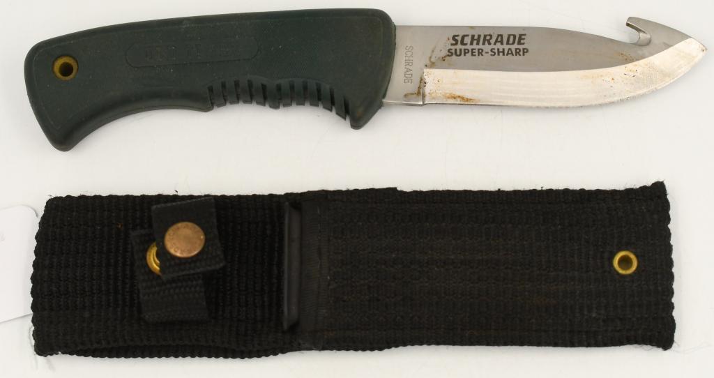 Schrade Super-Sharp Skinning Knife & Sheath: Schrade Super-Sharp Skinning Knife & Sheath, Measures Approx 9" Overall Length , Blade Measures Approx 4" Long , Blade Has Gut Hook On Back Side, Marked Old Timer On Handle, Comes With Nylon Sheath