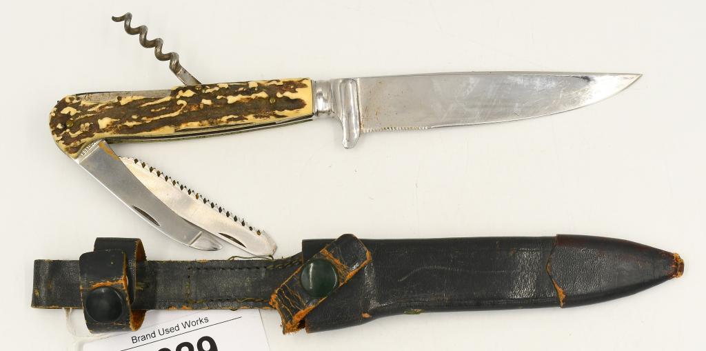 Vintage Hubectus Solinger Fixed Blade Knife: Vintage Hubectus Solinger Fixed Blade Knife With Leather Sheath, Stag Handle With More Blades & Cork Screw Opener, Blade Marked "Hochleistungsstahl" Meaning "High performance steel" German Made Knife