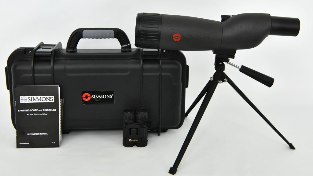 Simmons Spotting Scope w/ Binocular Kit & Case: Simmons Spotting Scope w/ Binocular Kit & Case, Lot contains a super nice Simmons Spotting Scope 20-60X60mm, appears like new, this Kit comes with Simmons Binulars small and compact for the outdoor hu