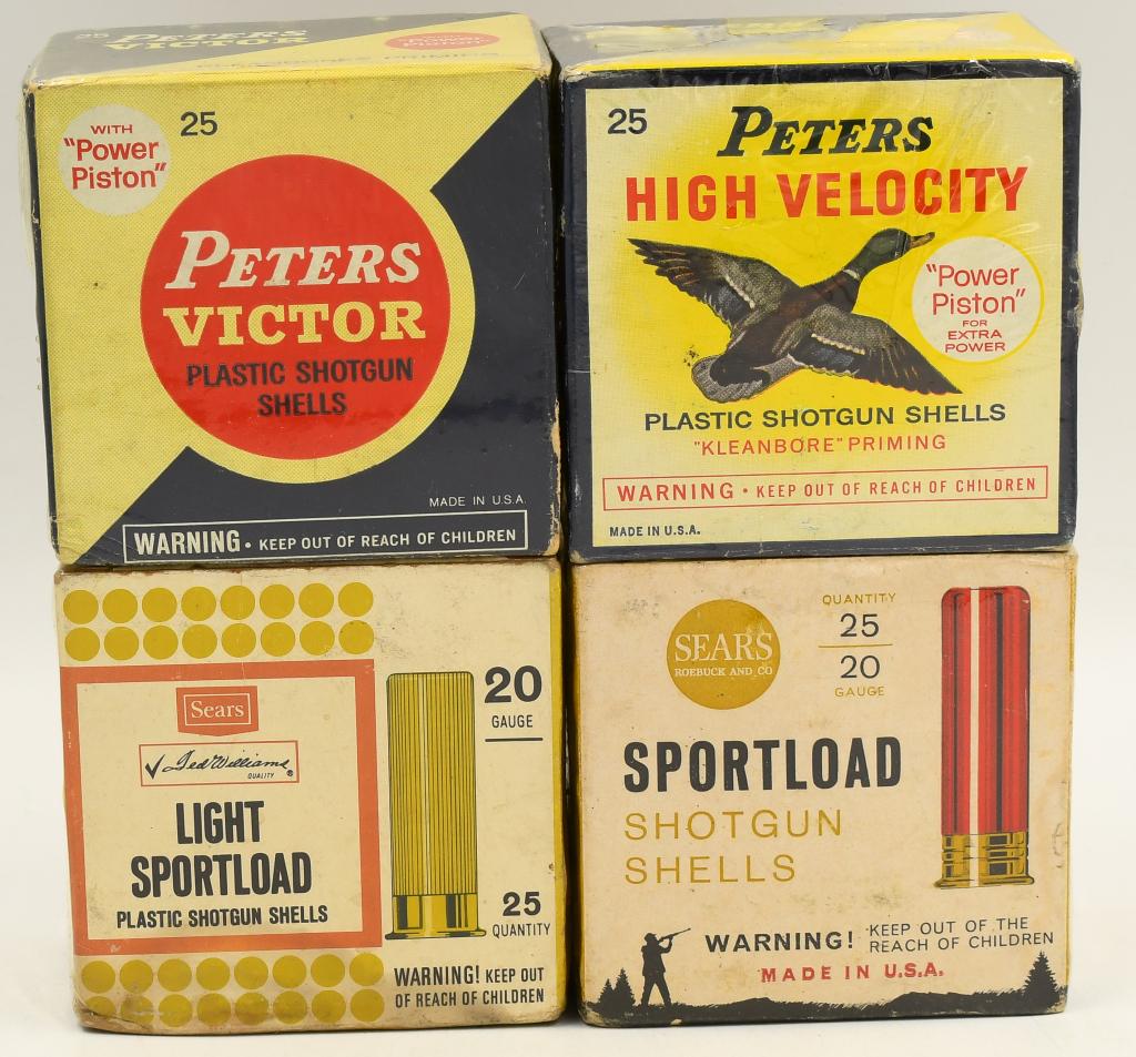 100 Rounds Of Various 20 Ga Plastic Shotshells: 100 Rounds Of Various 20 Ga Plastic Shotshells, 50 Rounds Are Sears Light Sport Load Plastic Shotshells, & 50 Rounds Are Petes 2 3/4" Kleanbore Priming Shotshells