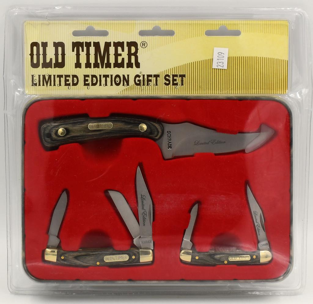 New In Box Old Timer Limited Edition Gift Set: Knives; New In Box Old Timer Limited Edition Gift Set Knives, Includes 3 Old Timer Wood Handle Knives , 2 Are Folding Pocket Knives & 1 Fixed Blade Knife, New In Package
