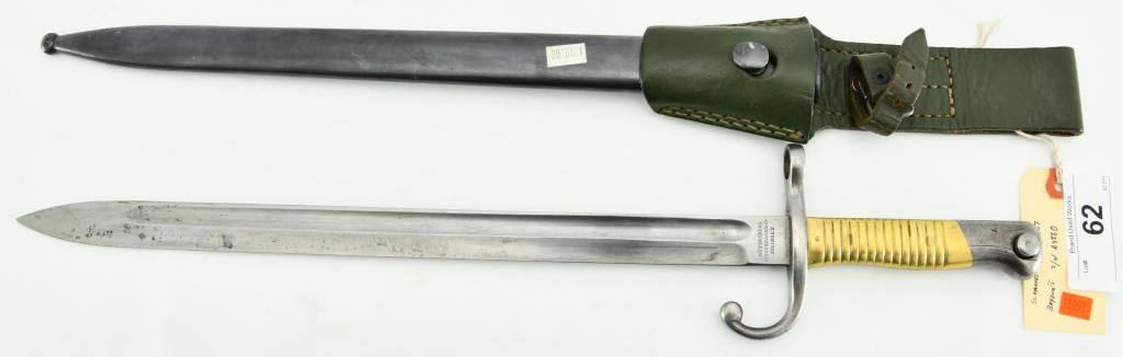1891 Argentine Mauser Bayonet With Scabbard: 1891 Argentine Mauser Bayonet With Scabbard, Blade Measures Approx 15.5" Long , Comes With Scabbard Which Has Leather Strap For Belt , Blade Marked Modelo Argentino 1891 #A4880