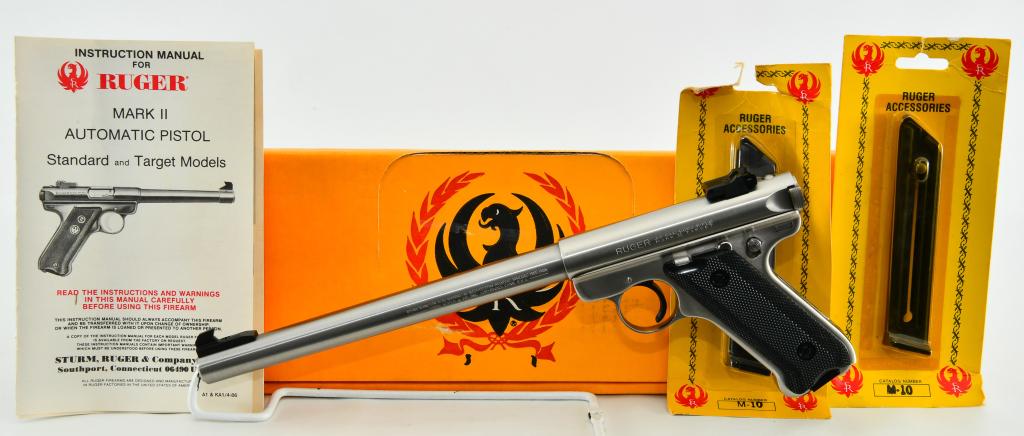 Mint Ruger Mark II Stainless Target Pistol .22 LR: Up Next We Have a Mint Ruger Mark II KMK-10 Stainless Target Pistol Chambered in .22 LR, 10" Heavy Bull Barrel, Adjustible Rear Sight, Black Checkered Plastic Grips, and Comes in The Factory Box, With