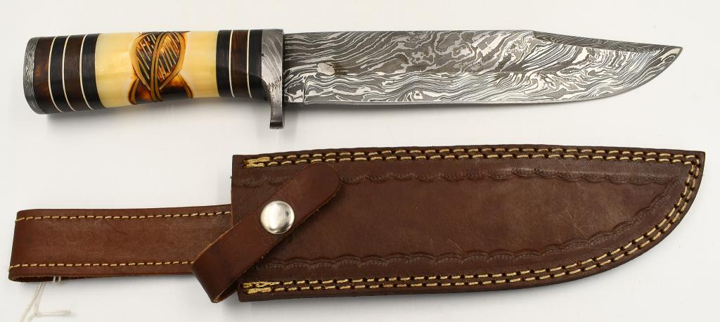 Large Hand Made Damascus Steel Bowie Knife: Large Hand Made Damascus Steel Bowie Knife & Leather Sheath, Blade Measures Approx 8" Long , Heavy Duty Handle , Measures Approx 13" Overall & Comes With Unmarked Leather Sheath