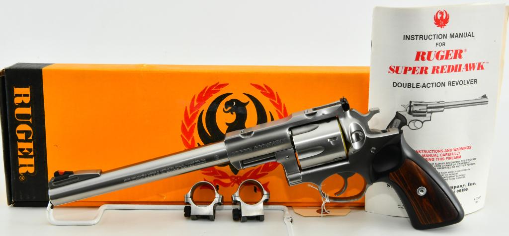 Ruger Super Redhawk Stainless .44 Magnum 9 1/2": Up Next We Have a Monster Ruger Super Redhawk Revolver in Stainless, Chambered in .44 Magnum, and Boasts a 9 1/2" Scope Ready Barrel, and Comes With Matching Rings, in The Factory Box With Paperwork. 