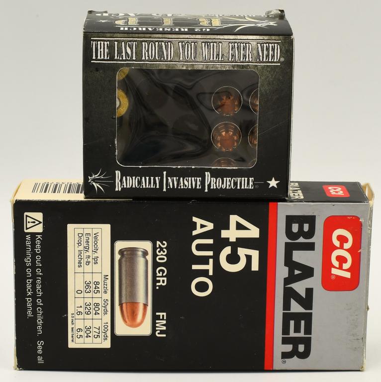 52 Rounds Of Various .45 ACP Ammunition: 52 Rounds Of Various .45 ACP Ammunition, 6 Rounds Are Jag Jacketed Hollow Point Self Defense Ammo, 2 Rounds Are Speer Round Nose, & 44 Rounds Are CCI Blazer 230 Grain Full Metal Jacket Ammunition