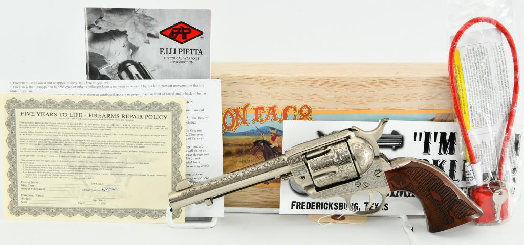 Cimarron Buffalo Bill Cody Engraved Nickel .45 LC: Up Next We Have a Beautiful and Brand New Cimarron Buffalo Bill Signature Series Frontier Single Action Revolver Chambered in .45 Long Colt, 5.5" Barrel, 6 Round Cylinder, Diamond Checkered Walnut Gri