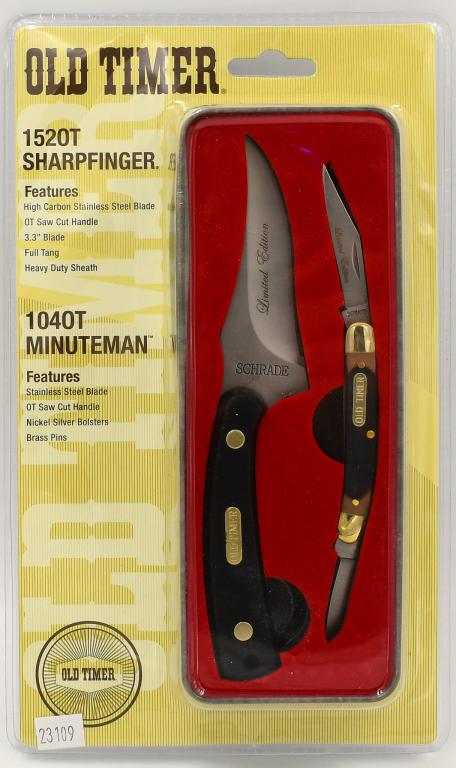 Schrade Old Timer Sharpfinger Minuteman Knife Set: Schrade Old Timer Sharpfinger Minuteman Knife Set New In Package, Features High Carbon Stainless Steel Blades Ot Saw Cut Handle 3.3" Blade Full Tang & Comes With Heavy Duty Sheath