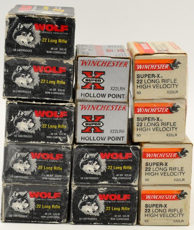 650 Rounds Of Various .22 Long Rifle Ammunition: 650 Rounds Of Various .22 Long Rifle Ammunition, 350 Rounds Are Wolf Match Target 40 Grain Ammo , 200 Rounds Are Winchester Super-X & 100 Rounds Are Winchester Super-X Hollow Points