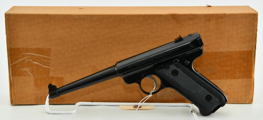 Mint Boxed Ruger Mark II Standard Pistol .22 LR: Up Next We Have a Mint Boxed Ruger Mark II Standard Pistol Chambered in .22 LR, 6" Tapered Barrel, Fixed Rear Sight, Black Checkered Plastic Grips, and Comes in The Factory Box Sleeve, One Magazine, T