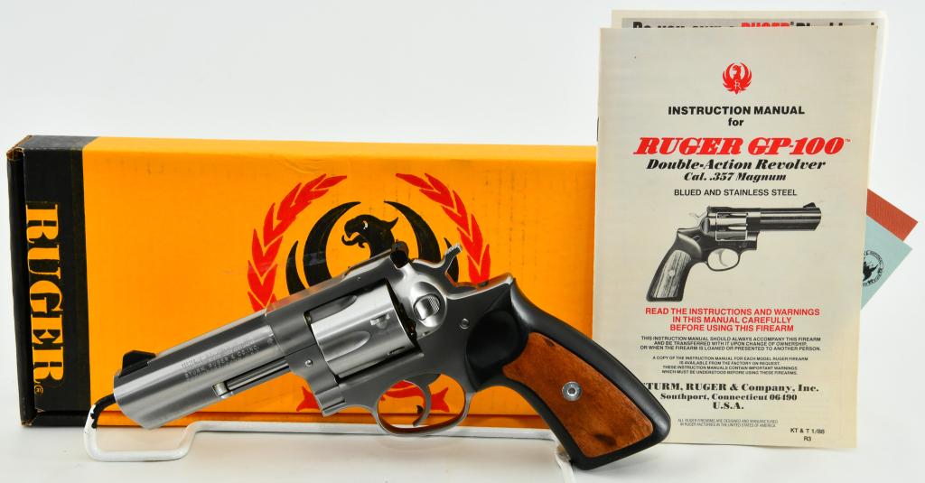 Ruger GP100 DA Revolver .357 Magnum 6 Shot: Up Next is a Ruger GP100 DA Revolver Chambered in .357 Magnum with a 6 Shot cylinder, 4" Target Barrel, Ramped Front Sight and Adjustible Rear, Wood Inlayed Rubber Grips, Model # KGP141, Serial # 171-