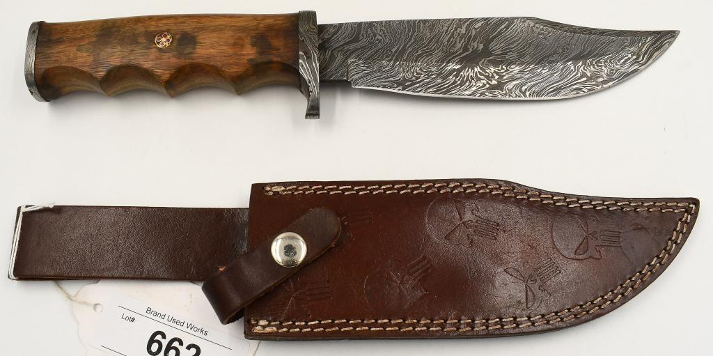 Large Hand Made Damascus Steel Bowie Knife: Large Hand Made Damascus Steel Bowie Knife & Leather Sheath, Blade Measures Approx 7" Long, Has Large Heavy Duty Wood Handle, Also Comes With Unmarked Leather Sheath