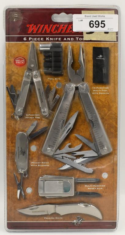 NIP Winchester 6 Piece Knife And Tool Set: NIP Winchester 6 Piece Knife And Tool Set, Stainless Steel Construction 14 Functional Multi Tool With Sheath , 8 Function Pocket Tool , Tool Bits, Pocket Knife With Scissors , New In Package