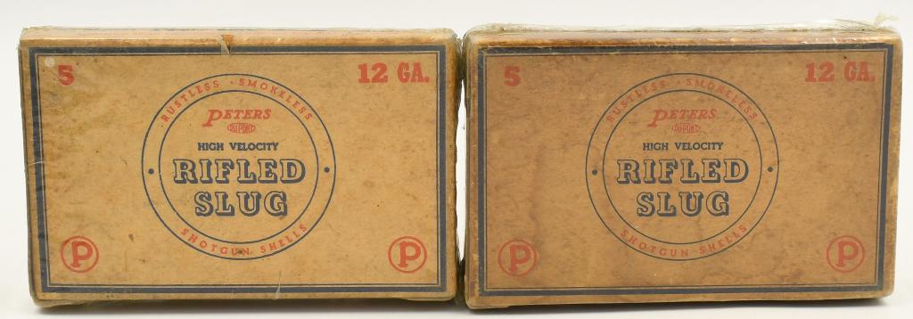 10 Rds Of Collector Peter's 12 Ga Rifled Slug: Shotshells; 10 Rounds Of Collector Peter's 12 Ga Rifled Slug Shotshells, Rustless Smokeless High Velocity 12 Gauge Shotshells, Both Boxes Come Cellophane Wrapped & Appear in Excellent Condition
