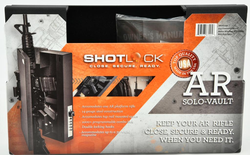 New In Box ShotLock AR-15 200M Solo-Vault Lock: New In Box ShotLock AR-15 200M Solo-Vault Lock Mechanical Safe, Height: 16.625 in, The ShotLock AR 200M Solo-Vault is a reliable weapon storage system that mounts vertically or horizontally to a flat 