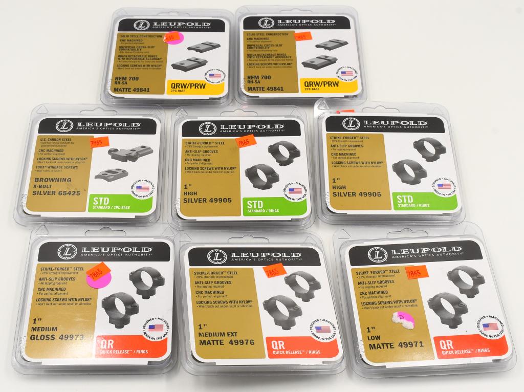 Lot of 8 New Leupold Scope Rings & Bases: Lot of 8 New In Package Leupold Scope Rings & Bases, 3 Are 1" Low Matte & Gloss Color QR Quick Release Scope Rings, 2 Are Remington 700 QRW/PRW 2 PC Scope Ring Bases, & 3 Are 1" Silver Color STD Stand