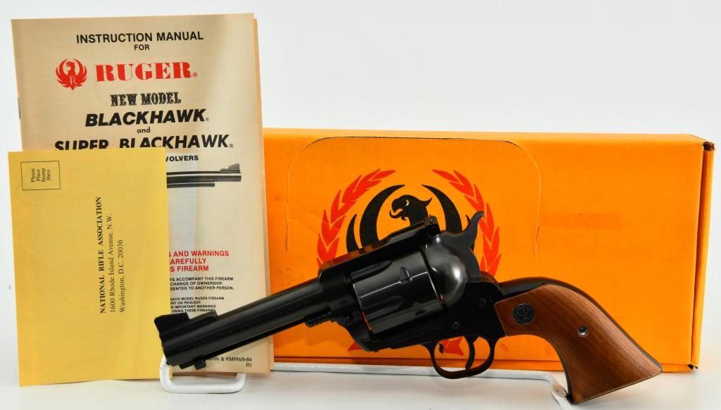 Ruger New Model Blackhawk Revolver .45 Long Colt: Up Next We Have a Ruger New Model Blackhawk Revolver Chambered in .45 Long Colt, Equipped With a 4 5/8" Barrel, Comes in The Factory Box With Paperwork, Overall in Pristine Like New Condition. Serial 