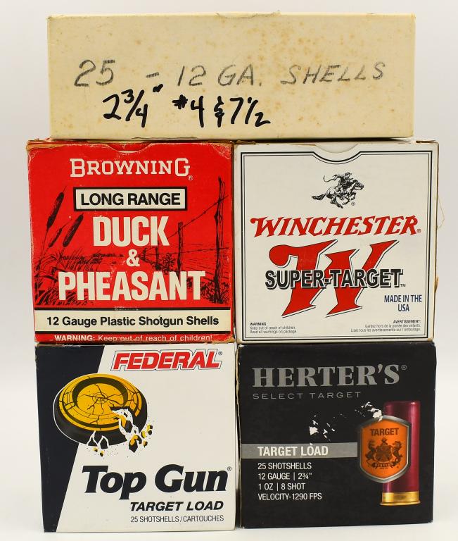 122 Rounds of Various 12 Ga Shotshells: 122 Rounds of Various 12 Ga Shotshells, 22 Rounds Are Federal Top Gun 8 Shot Shotshells, 25 Rounds Are Herter's 2 3/4" 8 Shot Shotshells, 25 Rounds Are Winchester Super Target 2 3/4" Shotshells, & 25 