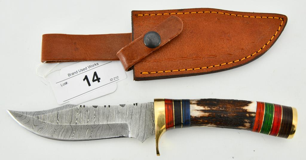 Hand Crafted Fixed Blade Damascus Knife & Sheath: Hand Crafted Fixed Blade Damascus Knife & Sheath, Red, Blue, Black , Green , & Orange Stag Style Handles, Damascus Blade Measures Approx 5" Long , Also Comes With Leather Sheath Which Appears in Excel