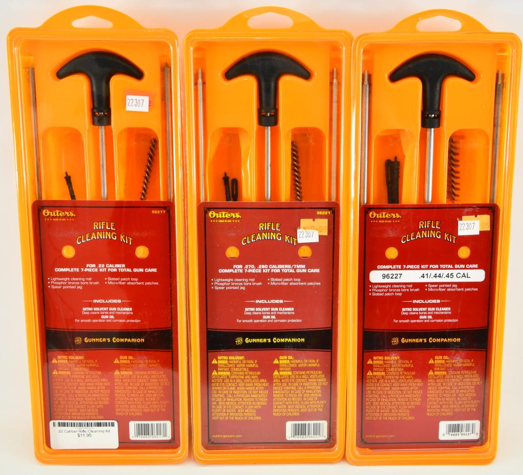 Lot of 3 New In Package Outers Gun Cleaning Kits: Lot of 3 New In Package Outers Gun Cleaning Kits, Includes 1 Outers Rifle Cleaning Kit .270 to .284 Caliber Rifle 96221, 1 Outers Aluminum Rod Rifle Cleaning Kit For .22 Calibers, & 1 Outers Rifle Cle