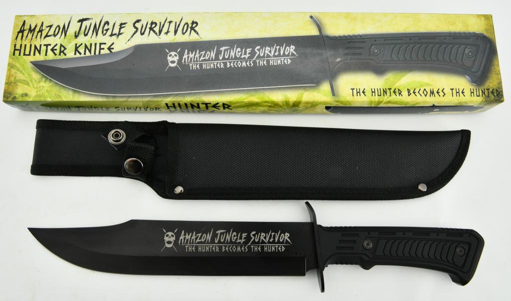 NIB Amazon Jungle Survivor Hunter Bowie Knife: New In Box Amazon Jungle Survivor Hunter Bowie Knife, 9 3/4" Stainless Steel Clip Point Blade, Includes Nylon Belt Sheath , TPR Handle 15" Long Overall, Stainless Steel Pommel , New In Box