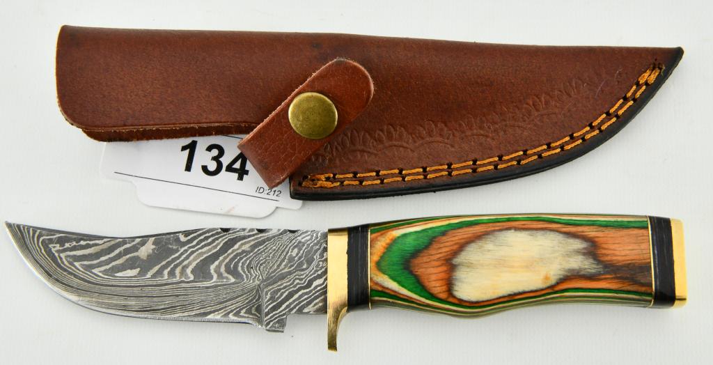 Hand Crafted Fixed Blade Damascus Knife & Sheath: Hand Crafted Fixed Blade Damascus Knife & Sheath, Green & Orange Colored Heavy Duty Wood Handle, Damascus Blade Measures Approx 4" Long , Also Comes With Leather Sheath , Knife Measures Approx 8" Over
