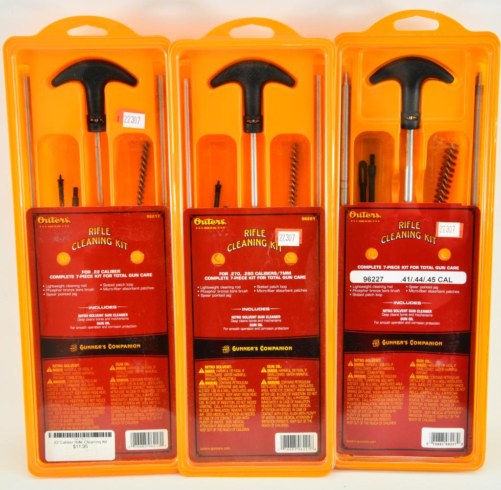 Lot of 3 New In Package Outers Gun Cleaning Kits: Lot of 3 New In Package Outers Gun Cleaning Kits, Includes 1 Outers Rifle Cleaning Kit .270 to .284 Caliber Rifle 96221, 1 Outers Aluminum Rod Rifle Cleaning Kit For .22 Calibers, & 1 Outers Rifle Cle