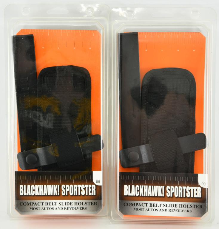 2 NIB Blackhawk Sportster Belt Slide Holsters: 2 NIB Blackhawk Sportster Belt Slide Holsters, Ambidextrous Fits Most Autos and Revolvers Nylon Black Featuring a classic medium high-ride design, Nylon holster has a molded belt loop that fits belts 