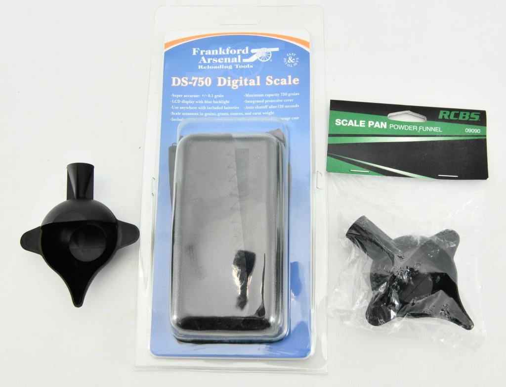 Lot of New Various Reloading Accessories: Lot of New Various Reloading Accessories, Lot Contains, 1 New In Package Frankford Arsenal DS-750 Electronic Powder Scale 750 Grain Capacity, & 2 New RCBS Scale Pan with Integrated Funnel