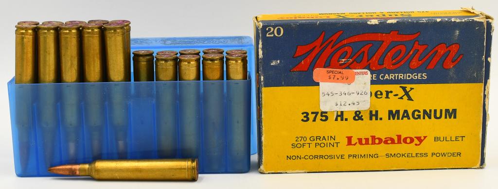 31 Rounds of .375 H&H Ammo & 9 Empty Brass Casings: 31 Rounds of .375 H&H Ammo & 9 Empty Brass Casings, 20 Rounds Are Western Super-X 270 Grain Brass Cased Soft Point Ammunition , 11 Rounds Are W-W Marked & Also Comes With 9 Empty Brass Casings For Rel