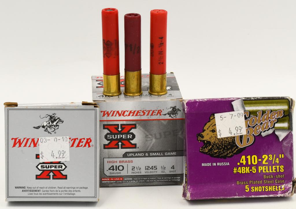 38 Rounds Of Various .410 Ga Plastic Shotshells: 38 Rounds Of Various .410 Ga Plastic Shotshells, 25 Rounds Are Winchester Super-X 2 1/2" 4 Shot Shotshells, 5 Rounds Are Golden Bear 2 3/4" 5 Pellet Shotshells, 5 Rounds Are Winchester 2 1/2" 1/5 Oz S