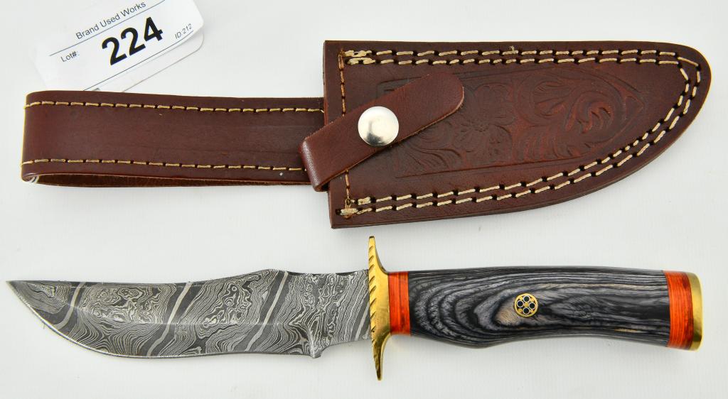 Hand Crafted Fixed Blade Damascus Knife & Sheath: Hand Crafted Fixed Blade Damascus Knife & Sheath, Black & Orange Colored Wood Handle , Damascus Blade Measures Approx , 5 1/4" Long , Also Comes With Leather Sheath Which Appears in Excellent Conditio
