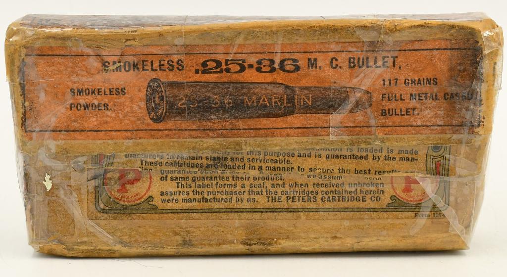 20 Rounds Of Collector .25-36 Marlin Ammunition: 20 Rounds Of Collector .25-36 Marlin Ammunition, Smokeless Powder, 117 Grain Full Metal Cased Bullet In Original Collectors Box