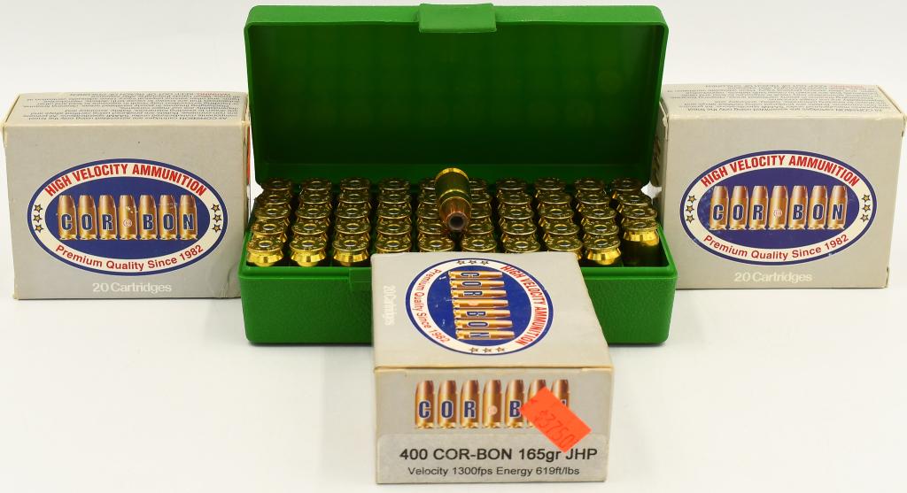 100 Rounds Of .400 Cor-Bon Ammunition: 100 Rounds Of .400 Cor-Bon Ammunition, 165 Grain Jacketed Hollow Point Brass Cased Ammo With 1 Plastic Ammunition Storage Container