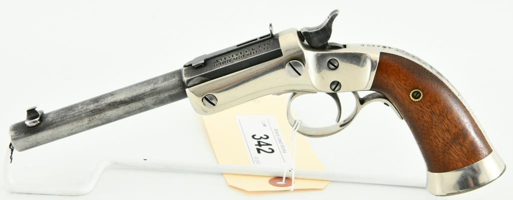 Stevens Model No. 35 Off-Hand Target Single Shot: Up Next We Have a Blast From The Past, a J. Stevens A&T Co. Model No. 35 Off-Hand Target Single Shot Pistol, 6" Barrel, Manufactured from 1907 to 1916. Two line "J Stevens A&T Co." barrel marking with