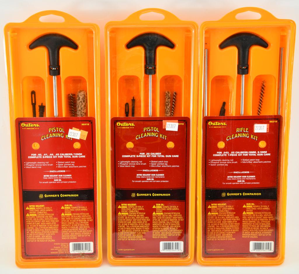 Lot of 3 New in Package Outers Gun Cleaning Kits: Lot of 3 New in Package Outers Gun Cleaning Kits, Includes 1 Outers Cleaning Kit .243 Through 6.5mm Caliber Rifle Aluminum Rods Clam Pack 96219, 1 Outers Pistol Cleaning Kit 10mm/.40-.45 Caliber Alumi