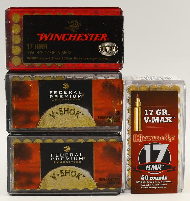 150 Rounds Of Various .17 HMR Ammunition: 150 Rounds Of Various .17 HMR Ammunition, 76 Rounds Are Federal Premium 17 Grain Hollow Points, 24 Rounds Are Winchester V-Max 17 Grain, & 50 Rounds Are Hornady 17 Grain V-Max