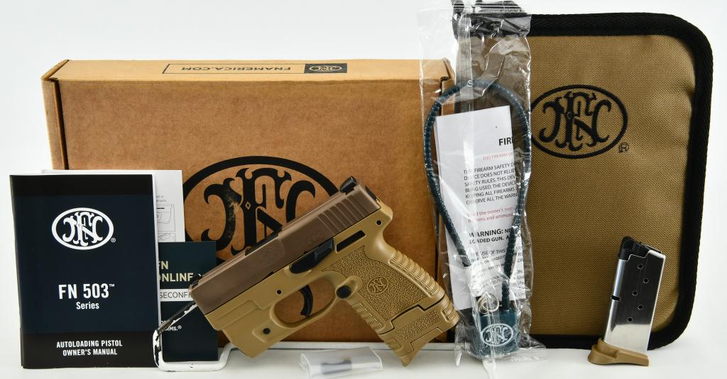 NEW FN 503 9mm Flat Dark Earth Integral Light: Up Next We Have a Brand New FN 503 Semi Auto Pistol Chambered in 9mm, Flat Dark Earth, Integral Light, and Comes in The Factory Box With Two Magazines, Lock, Paperwork, and Soft Carry Case. More From 