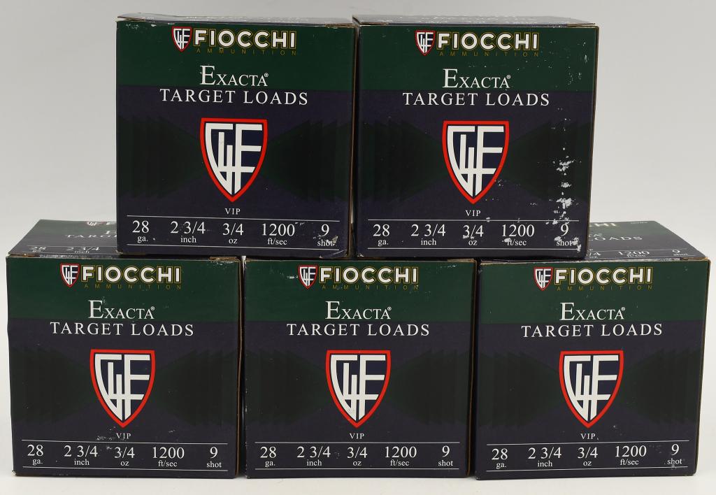 125 Rounds of Fiocchi 28 Ga Target Load Shotshells: 125 Rounds of Fiocchi Exacta 28 Ga Target Load Shotshells, 2 3/4" 3/4 OZ 1200 FPS 9 Shot Plastic Shotshells,