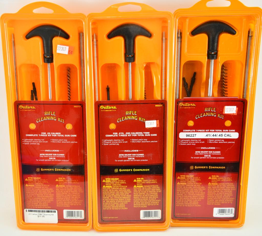 Lot of 3 New In Package Outers Gun Cleaning Kits: Lot of 3 New In Package Outers Gun Cleaning Kits, Includes 1 Outers Rifle Cleaning Kit .270 to .284 Caliber Rifle 96221, 1 Outers Aluminum Rod Rifle Cleaning Kit For .22 Calibers, & 1 Outers Rifle Cle